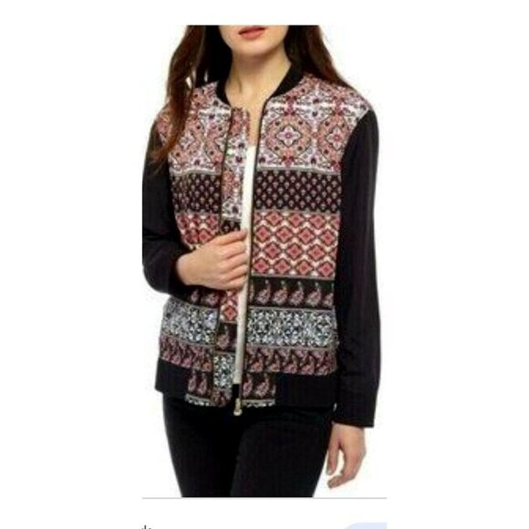 RAFAELLA Weekend Jacket Size Large Black Boho Print Zip Front Bomber Sportswear - Picture 4 of 10